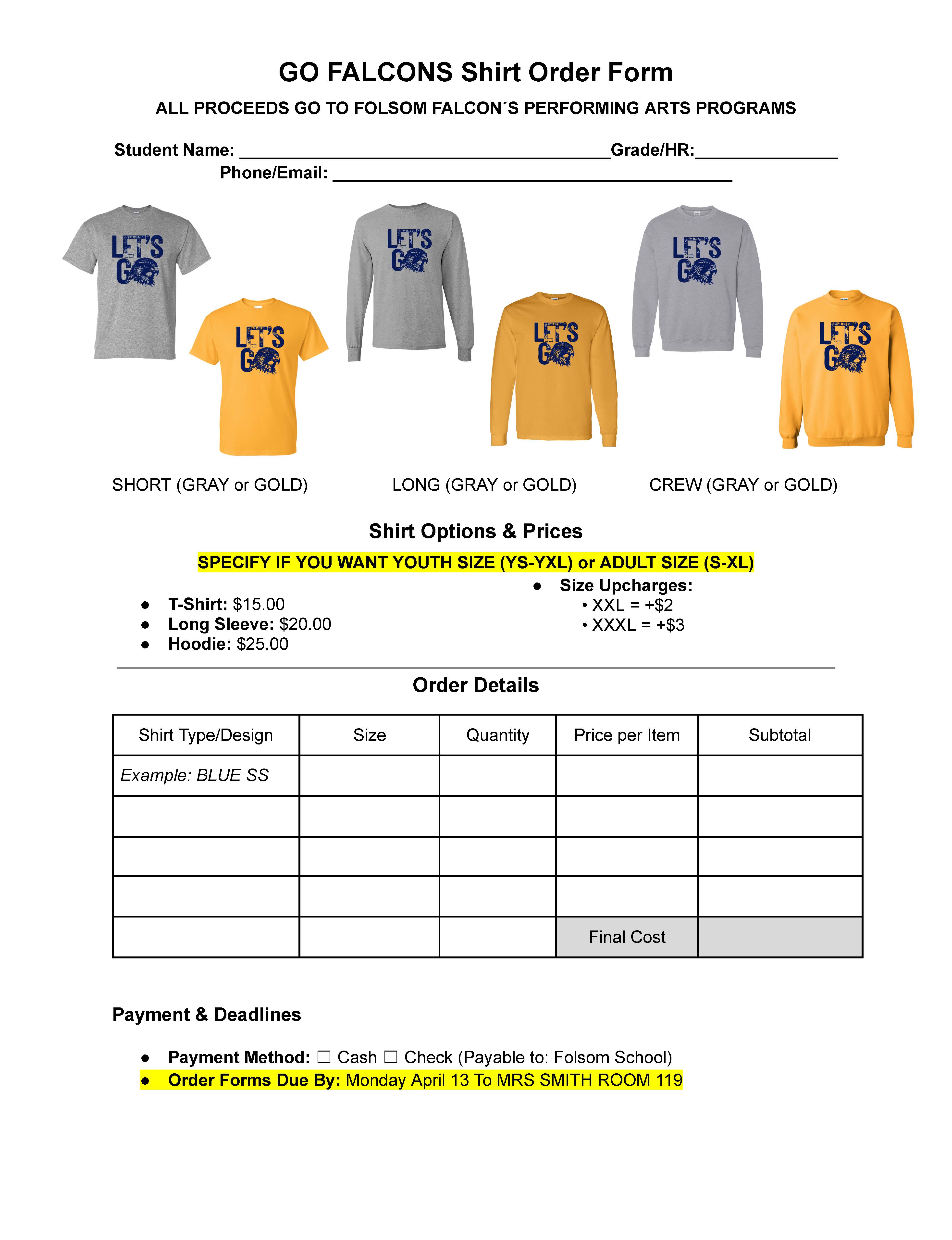 GO FALCONS Shirt Order Form